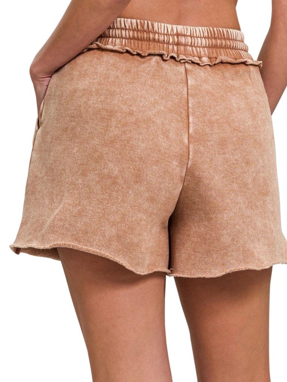 ACID WASH FLEECE DRAWSTRING SHORTS WITH POCKETS Rust - Picture 2 of 2